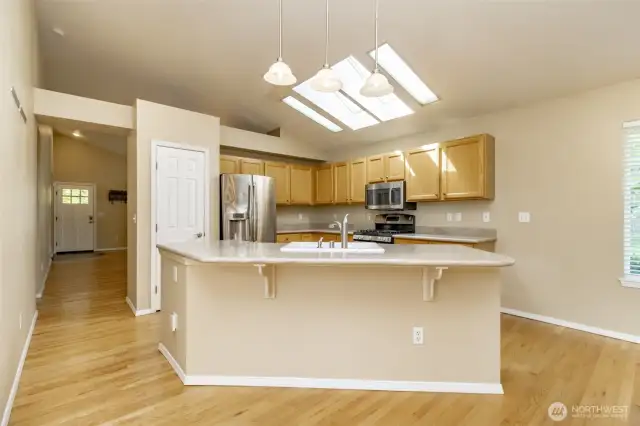 Natural light flows in from the skylights.
