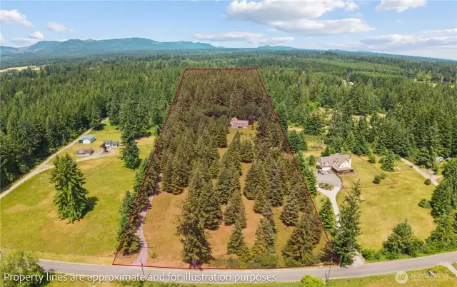 This stunning aerial shot showcases the incredible privacy & scale of this log home retreat, nestled on just under 10 flat, usable acres. The long, 880-foot driveway winds through towering evergreens, offering a peaceful, forested approach to the home. Surrounded by lush Pacific Northwest beauty, this property provides seclusion, natural beauty & endless potential—ideal for buyers seeking acreage, tranquility, or multigenerational living. Zoned residential with ample space for hobby farming, expansion or recreation.