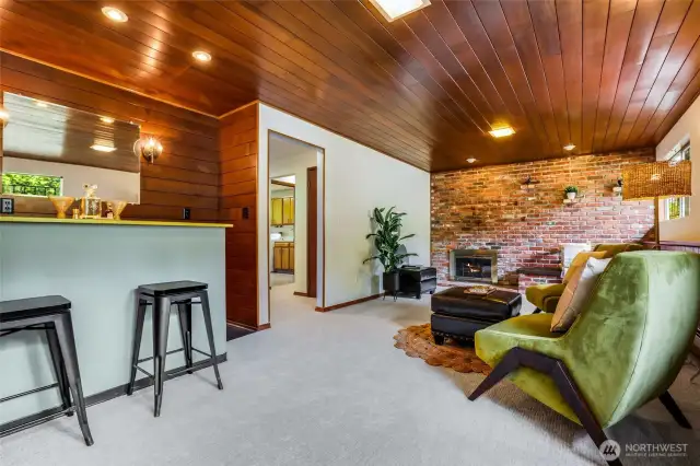 Recreation room with bar & Wood Burning Fireplace on lower level