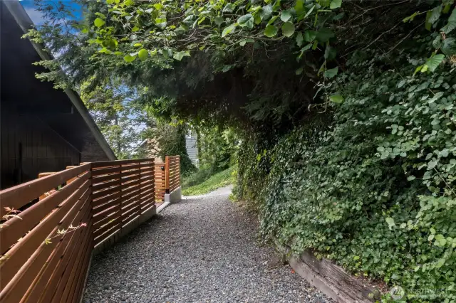 Walk up path and land is on the left.