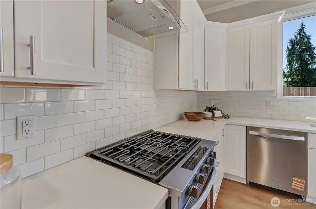 Long lasting Whirlpool appliances including an easy to use range with gas cooktop and quiet dishwasher both with stainless finish.