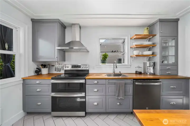 Custom cabinets, butcher-block countertops & SS appliances