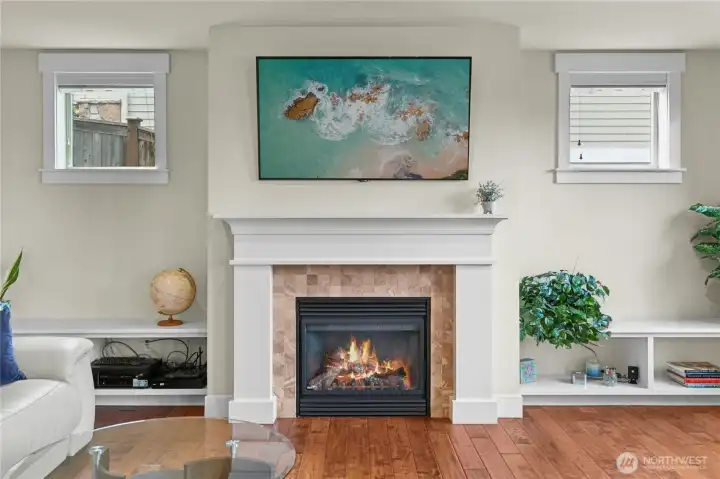 Gas fireplace and TV mount with built-in surround sound speakers.