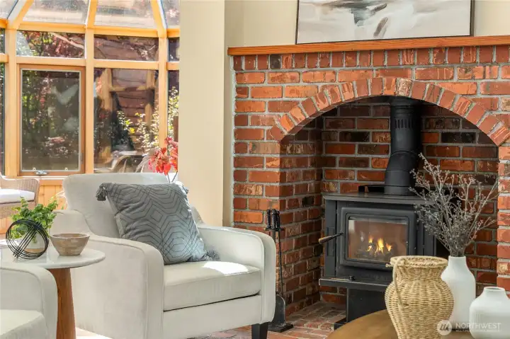 Wood stove adds a cozy feel.