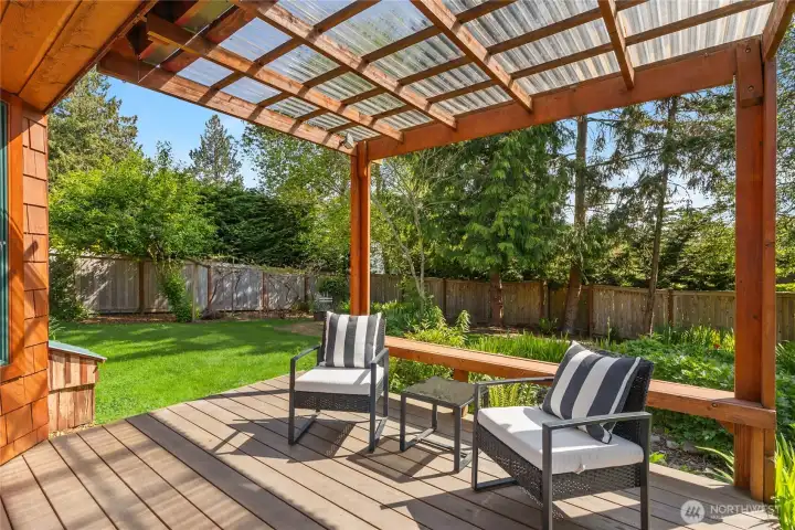 Fruit trees, garden beds.