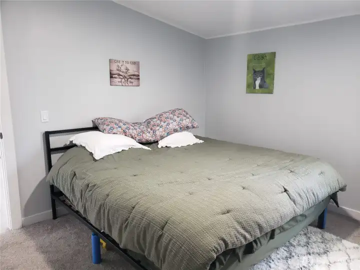Another Picture of the Large Primary Master Bedroom showing New Interior Paint, White Painted Trim and the New Carpet Flooring.