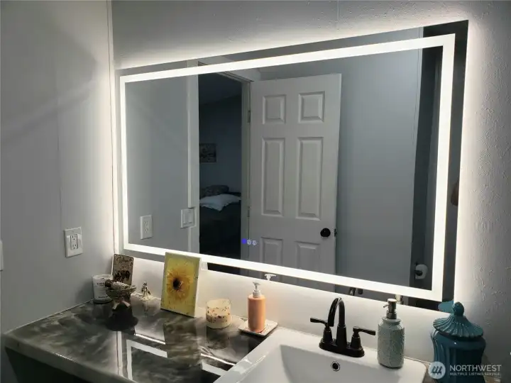 A Picture of the Large Primary Master Bathroom showing New Sink, Faucet, Countertop, Lighted Vanity Mirror, Interior Paint, White Painted Trim and the New Vinyl Plank Flooring.