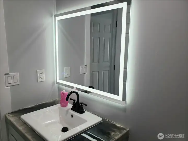 A Picture of the Large Main Guest Bathroom showing New Sink, Faucet, Countertop, Lighted Vanity Mirror, Interior Paint, White Painted Trim and the New Vinyl Plank Flooring.