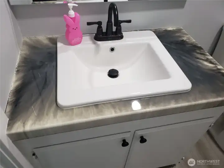 Another Picture of the Large Main Guest Bathroom showing New Sink, Faucet, Countertop, Lighted Vanity Mirror, Interior Paint, White Painted Trim and the New Vinyl Plank Flooring.