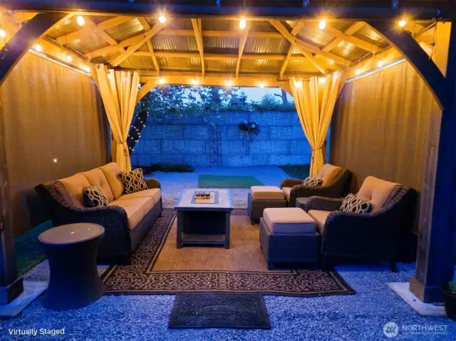 gazebo has power, lights and pull downs on all four sides. WIFI from the units can reach the gazebo.