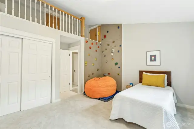 2nd bedroom upstairs with rock climbing wall & loft