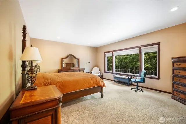 Enter the primary suite. Wake up to the light and the evergreens. With open space behind the home, your privacy can be enjoyed with confidence for years to come.