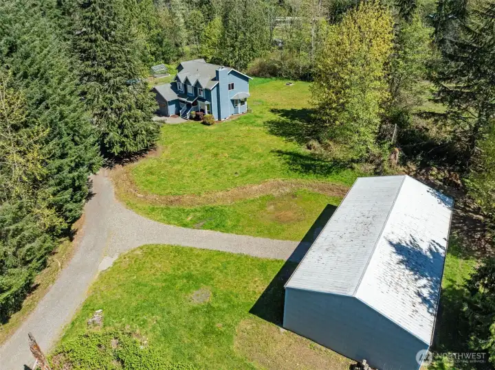 Nice drone shot of the house and the 30' x 60 'detached garage