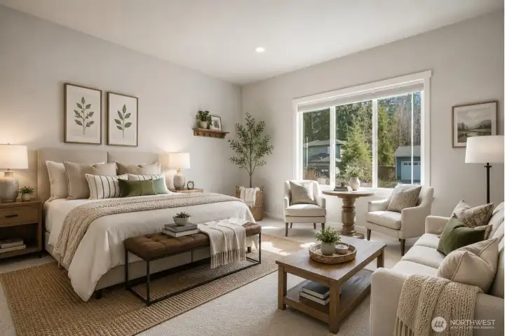 Virtually staged lower level bedroom for multi-generational living.