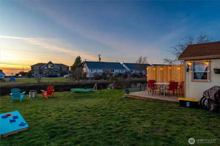 The lot is designed for outdoor fun with easy RV access and a storage shed for kayaks, paddleboards, bikes, and gear.