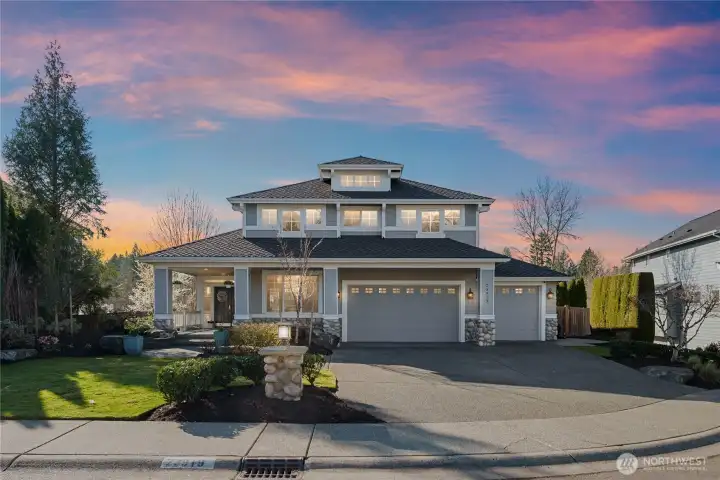 Experience the ultimate homecoming as the sky transitions into a breathtaking Pacific Northwest sunset.