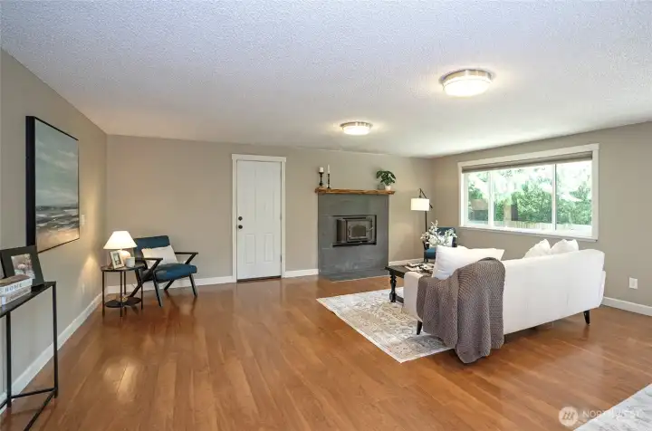 Family room with fire insert. Family room with fire insert.