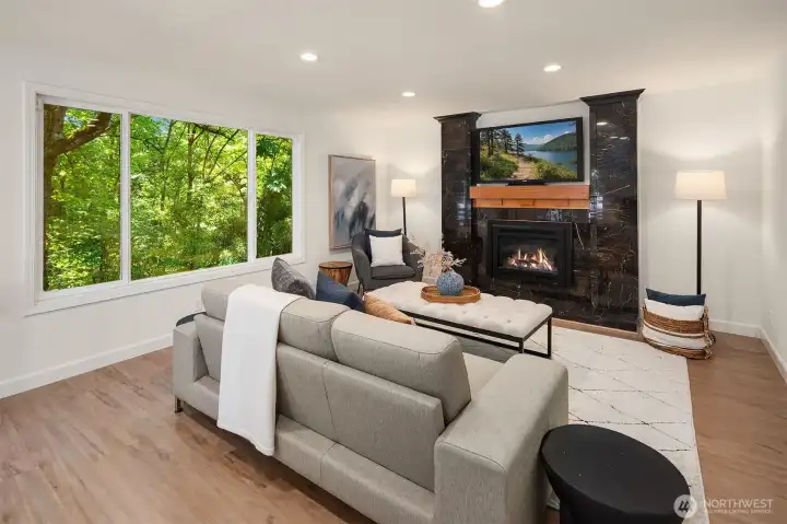 Relax around the cozy gas fireplace and enjoy the peaceful surroundings.