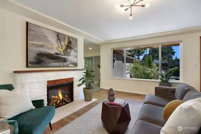 Cozy electric fireplace with a remote control.