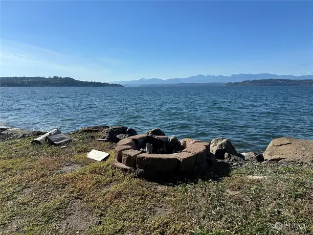 Bonfire with a view of the Olympics at community beach