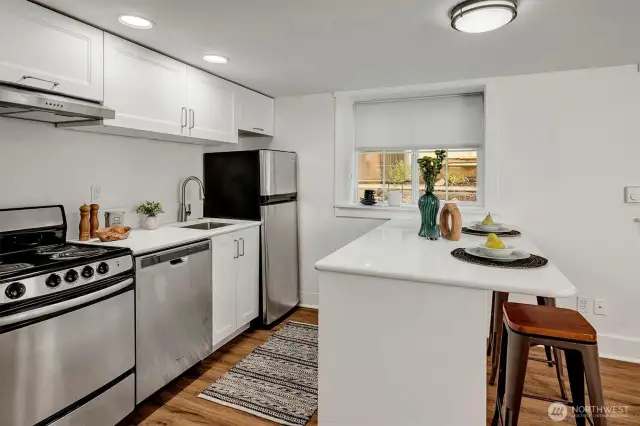 Lower level kitchen easily functions as separate living space or dream rec room