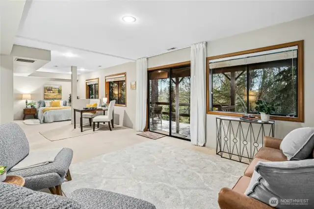 A large lower-level rec room that can be converted into an office or media room.