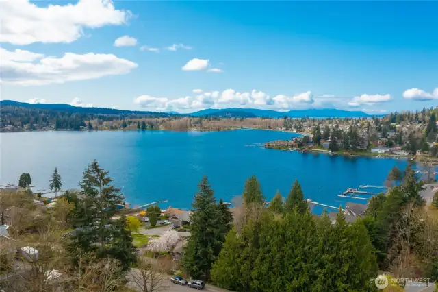 Drone shot of Bellingham's beautiful Lake Whatcom just a few blocks away to enjoy kayaking, boating , swimming or just sun bathing.
