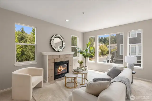 Bright Living Space with gas fireplace and natural light