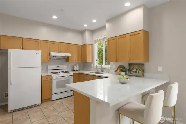 Kitchen with new quartz countertops, new sink and faucet