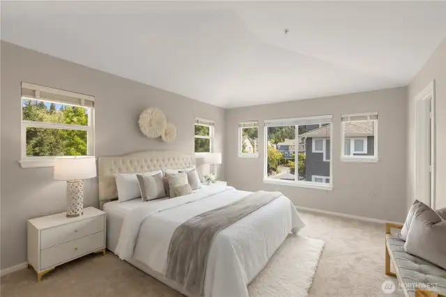 Spacious vaulted primary suite featuring a walk-in closet and abundant natural light!