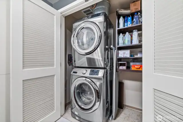 The high-end washer and dryer are new. The storage area to the right is perfect for your supplies of any kind.