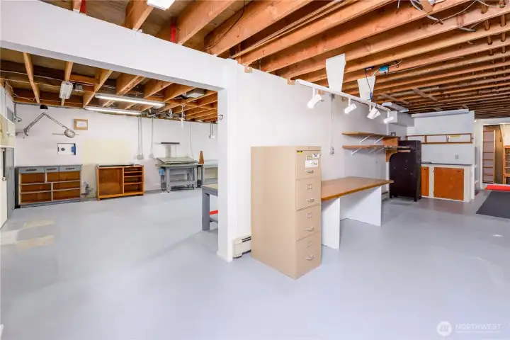 Partially finished basement includes many work stations, shop sink and wine/canning room