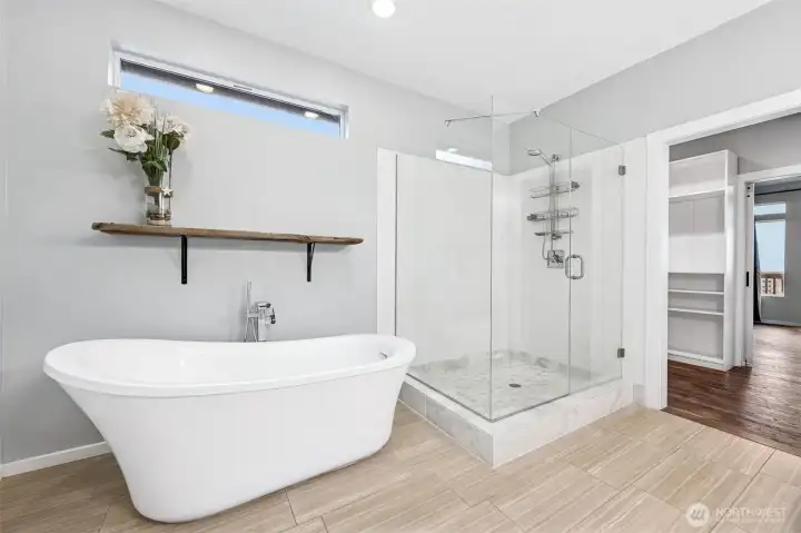 Walk-in shower and free standing soaking tub