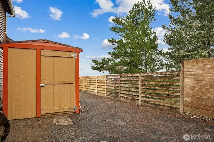 Side yard with storage shed