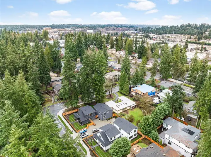 Wider aerial view featuring Totem Lake shopping center. Just a short 5 minute drive or hop onto the Kirkland Cross Corridor trail.