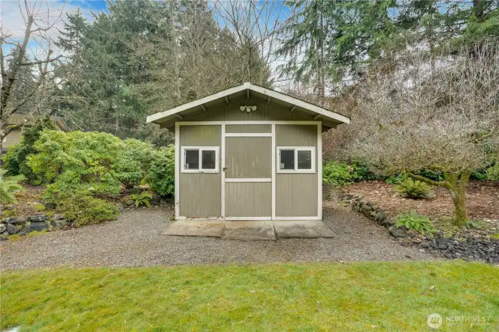 Outdoor shed for yard equipment and/or potting shed.