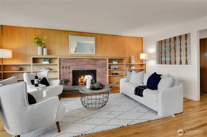 Living room with fireplace and built ins