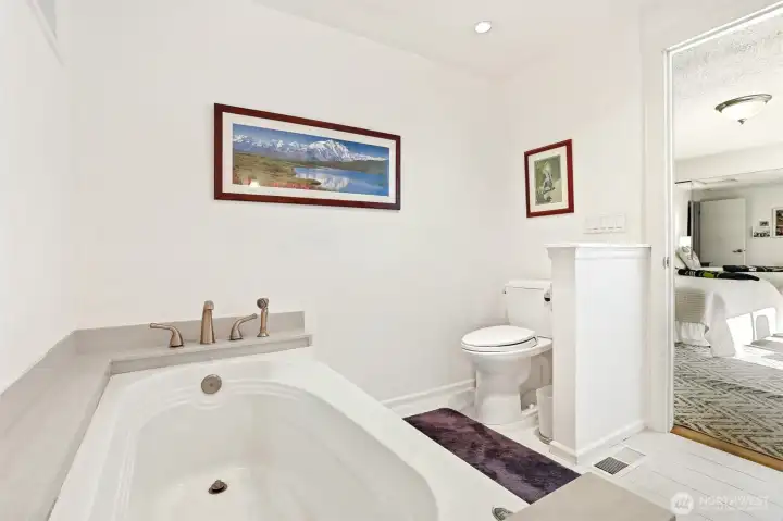 Master bedroom suite with southern exposure, overlooks the greenbelt, has a remodeled full 4 piece bathroom