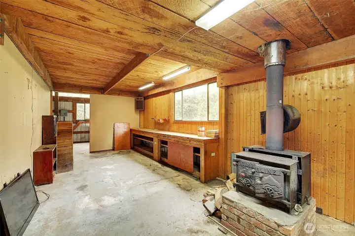 Shop work room with wood stove