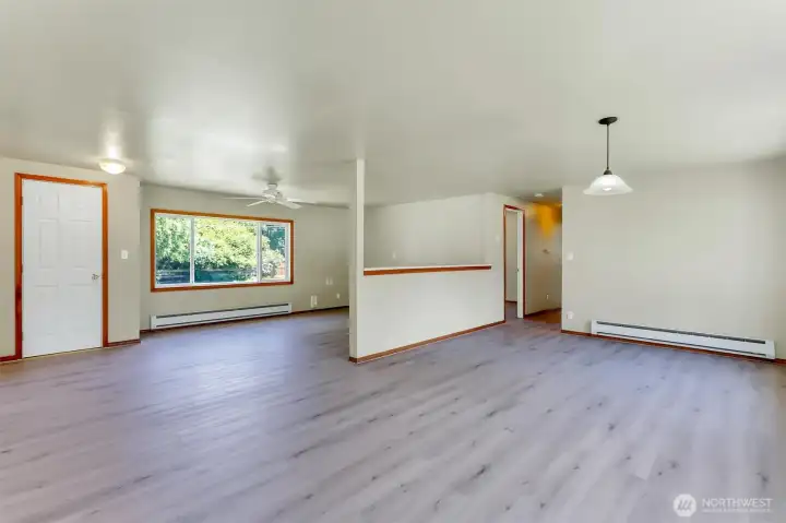 Living room on the left and dining room on the right.