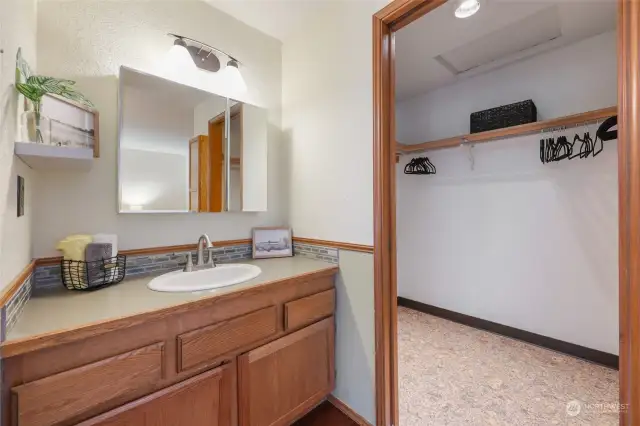 Vanity with cabinet mirror sits between this walk-in closet with pocket door...