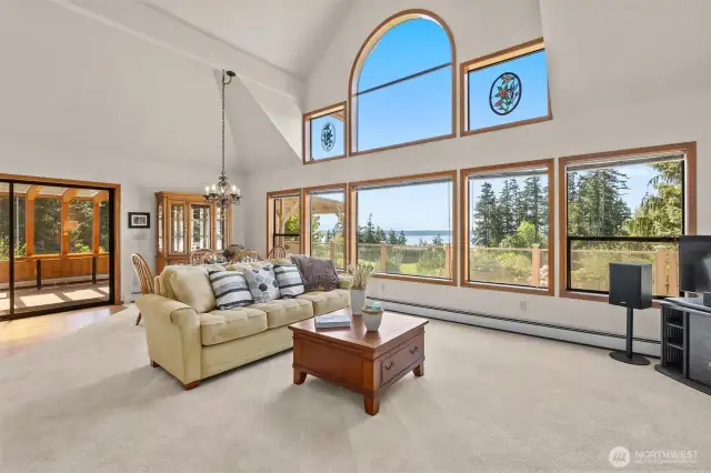The west wall of windows looks out to Saratoga Passage and the sunsets!