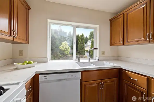 Updated kitchen with quartz countertops, resurfaced cabinetry, new appliances and instant hot water!