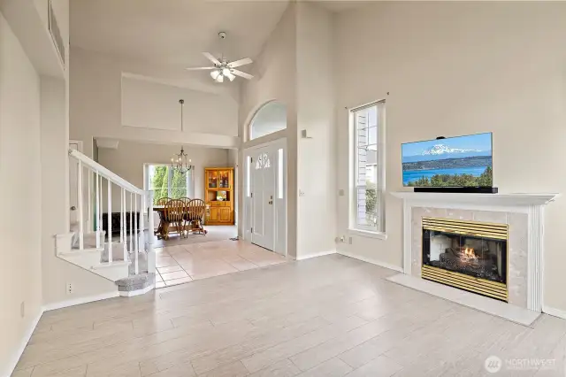 The living room flows seamlessly into the ample dining room.