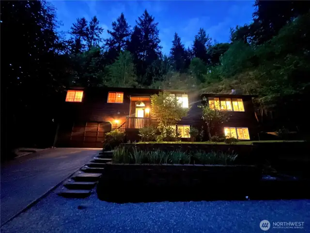 Front of home at twilight.