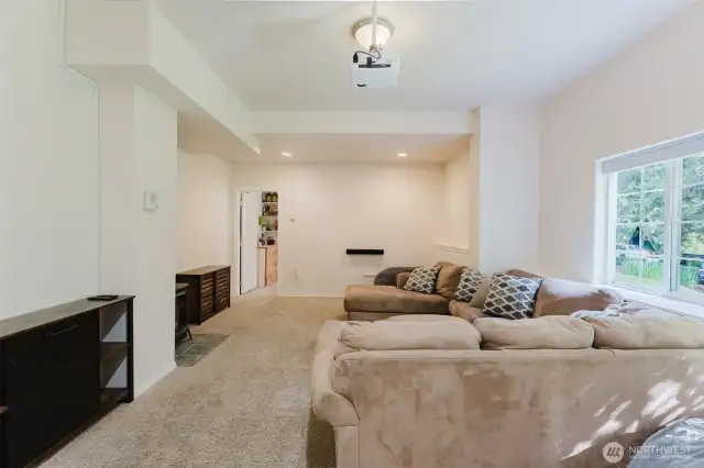 Downstairs rec room wtih free standing gas stove/fireplace.