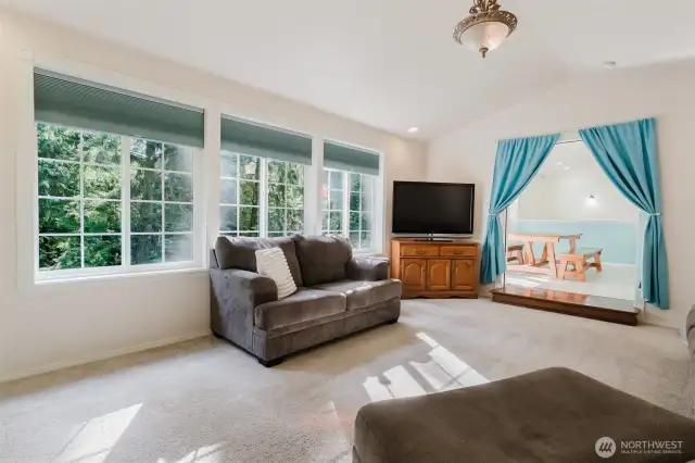 Two unseen pocket doors can seal off the living room from the dining room.