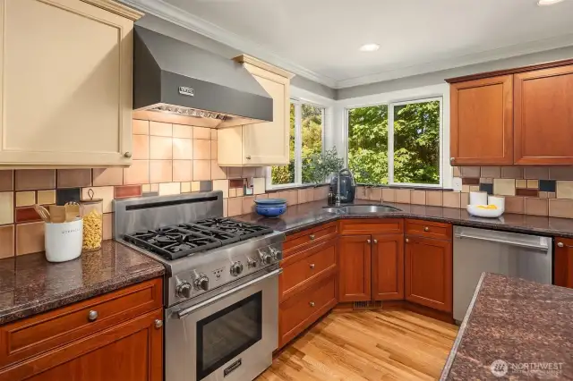 Newer Viking and Thermador appliances, lots of countertop space for food prep and plenty of cabinets for storage
