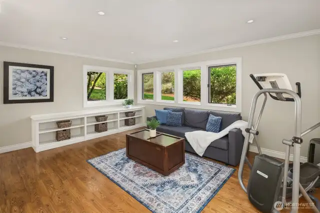 The lower level rec room is large, with built in storage, pergo flooring.