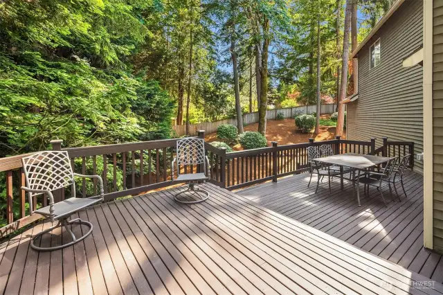 The spacious deck feels like a treehouse retreat. Very private, ideal space for morning coffee, evening cocktails or dining alfresco in the summer months. Stairs to yard for convenience.